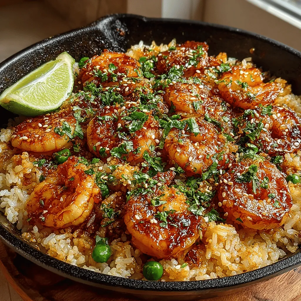 - 1 pound large shrimp, peeled and deveined - 3 cups day-old jasmine rice - 1 cup sweet peas (fresh or frozen) - 2 tablespoons soy sauce - 1 tablespoon oyster sauce - 2 cloves garlic, minced - 1 small onion, diced - 1 tablespoon fresh ginger, minced - 2 large eggs, beaten - 3 tablespoons vegetable oil - Salt and pepper to taste - Optional: Fresh cilantro for garnish - Optional: Lime wedges for serving