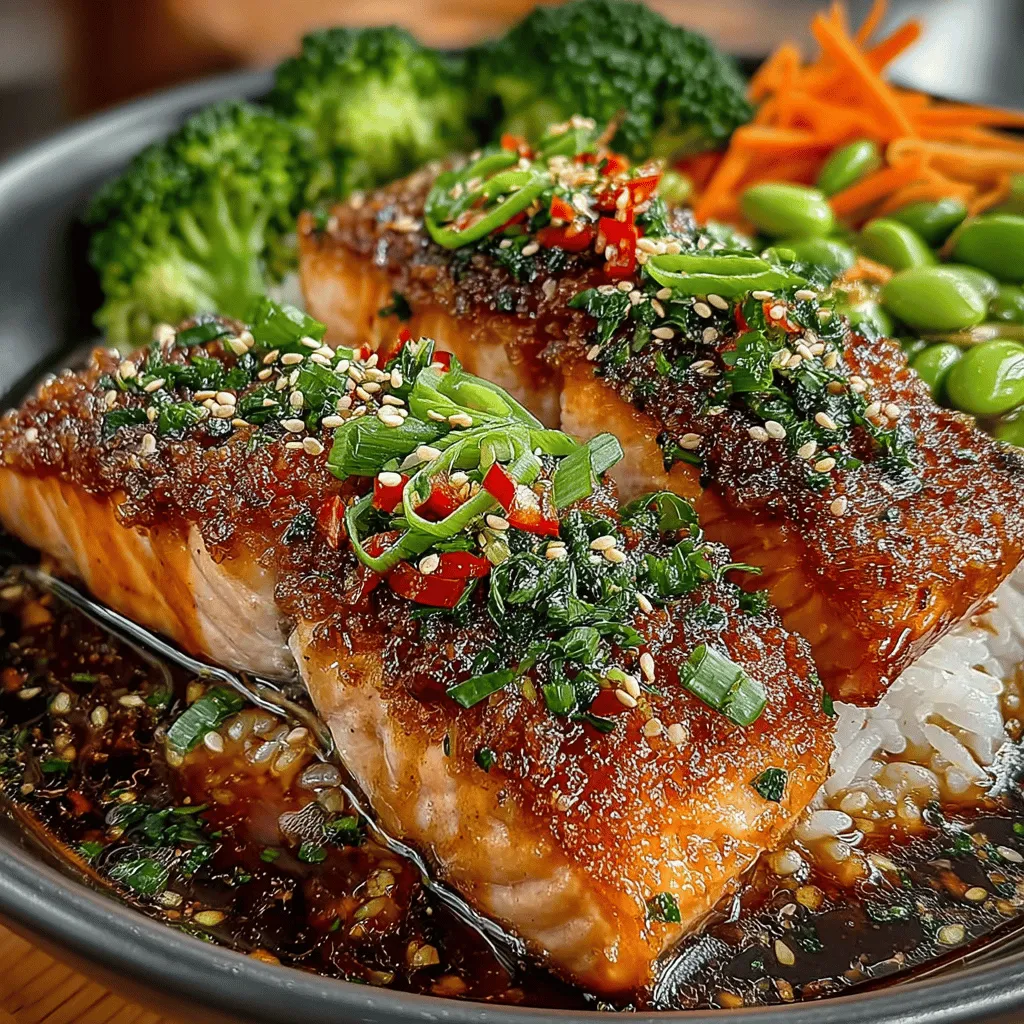- 2 salmon fillets (about 6 ounces each) - ¼ cup low-sodium soy sauce - 2 tablespoons honey or maple syrup - 1 tablespoon rice vinegar - 1 tablespoon sesame oil - 2 cloves garlic, minced - 1 teaspoon fresh ginger, grated - 1 cup cooked jasmine or brown rice - 1 cup broccoli florets - 1 cup shredded carrots - 1 cup shelled edamame - 2 green onions, chopped - Optional: sesame seeds and red pepper flakes for garnish