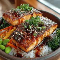 - 2 salmon fillets (about 6 ounces each) - ¼ cup low-sodium soy sauce - 2 tablespoons honey or maple syrup - 1 tablespoon rice vinegar - 1 tablespoon sesame oil - 2 cloves garlic, minced - 1 teaspoon fresh ginger, grated - 1 cup cooked jasmine or brown rice - 1 cup broccoli florets - 1 cup shredded carrots - 1 cup shelled edamame - 2 green onions, chopped - Optional: sesame seeds and red pepper flakes for garnish