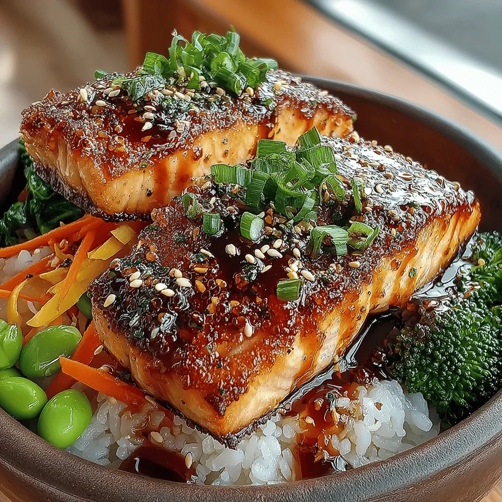 - 2 salmon fillets (about 6 ounces each) - ¼ cup low-sodium soy sauce - 2 tablespoons honey or maple syrup - 1 tablespoon rice vinegar - 1 tablespoon sesame oil - 2 cloves garlic, minced - 1 teaspoon fresh ginger, grated - 1 cup cooked jasmine or brown rice - 1 cup broccoli florets - 1 cup shredded carrots - 1 cup shelled edamame - 2 green onions, chopped - Optional: sesame seeds and red pepper flakes for garnish