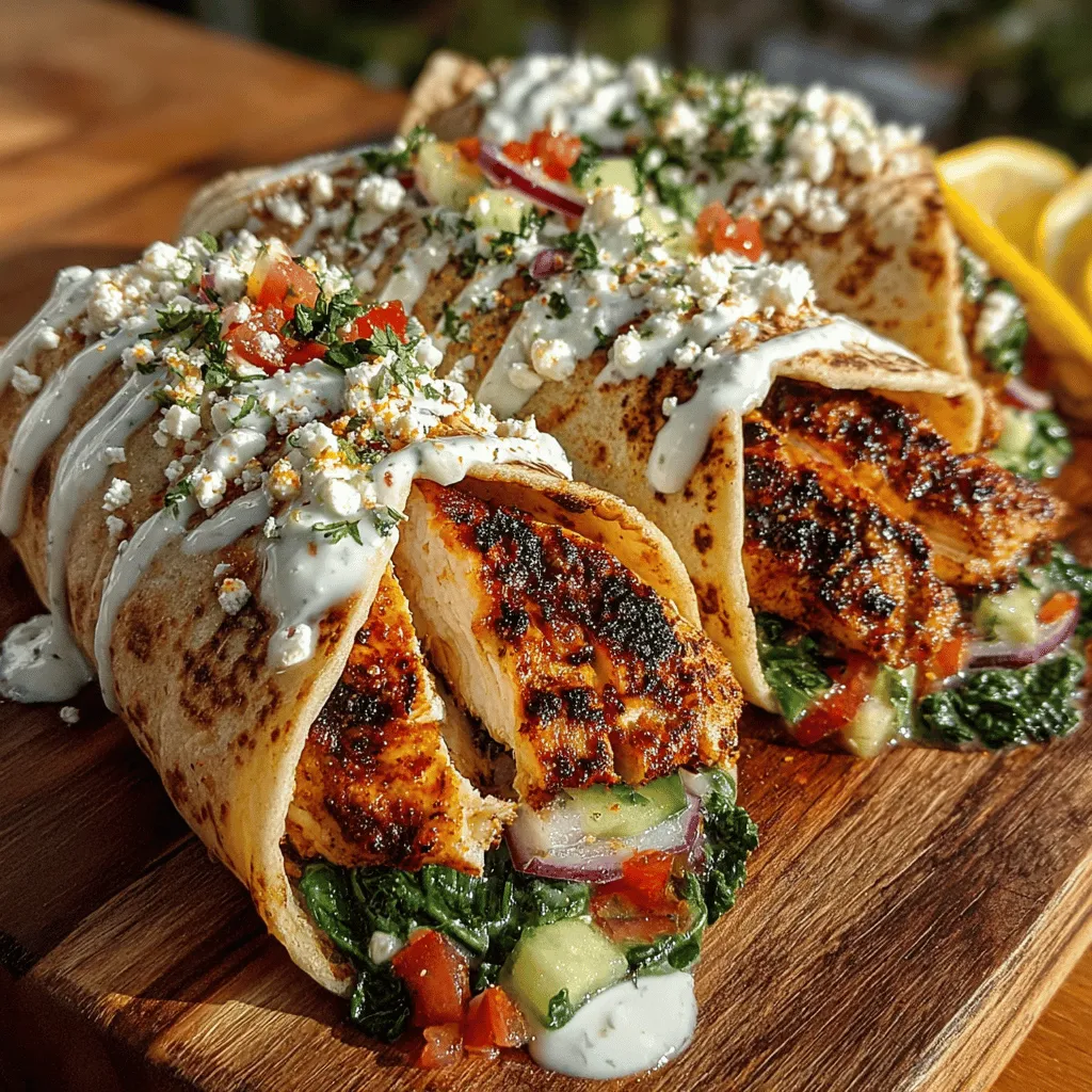 - 2 boneless, skinless chicken breasts - 1/4 cup extra virgin olive oil - 4 cloves garlic, minced - Juice and zest of 1 large lemon - 1 teaspoon dried oregano - 1 teaspoon dried thyme - Salt and pepper to taste - 4 whole wheat or spinach wraps - 2 cups fresh spinach leaves - 1 medium tomato, diced - 1 cucumber, sliced - 1/2 red onion, thinly sliced - 1/2 cup feta cheese, crumbled (optional) - Your choice of dressing (e.g., tzatziki, vinaigrette)