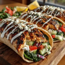 - 2 boneless, skinless chicken breasts - 1/4 cup extra virgin olive oil - 4 cloves garlic, minced - Juice and zest of 1 large lemon - 1 teaspoon dried oregano - 1 teaspoon dried thyme - Salt and pepper to taste - 4 whole wheat or spinach wraps - 2 cups fresh spinach leaves - 1 medium tomato, diced - 1 cucumber, sliced - 1/2 red onion, thinly sliced - 1/2 cup feta cheese, crumbled (optional) - Your choice of dressing (e.g., tzatziki, vinaigrette)