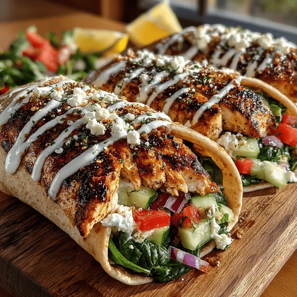 - 2 boneless, skinless chicken breasts - 1/4 cup extra virgin olive oil - 4 cloves garlic, minced - Juice and zest of 1 large lemon - 1 teaspoon dried oregano - 1 teaspoon dried thyme - Salt and pepper to taste - 4 whole wheat or spinach wraps - 2 cups fresh spinach leaves - 1 medium tomato, diced - 1 cucumber, sliced - 1/2 red onion, thinly sliced - 1/2 cup feta cheese, crumbled (optional) - Your choice of dressing (e.g., tzatziki, vinaigrette)